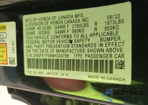 2022 Honda Civic Touring z USA, uszkodzony, nr VIN 2HGFE1F94NH324788